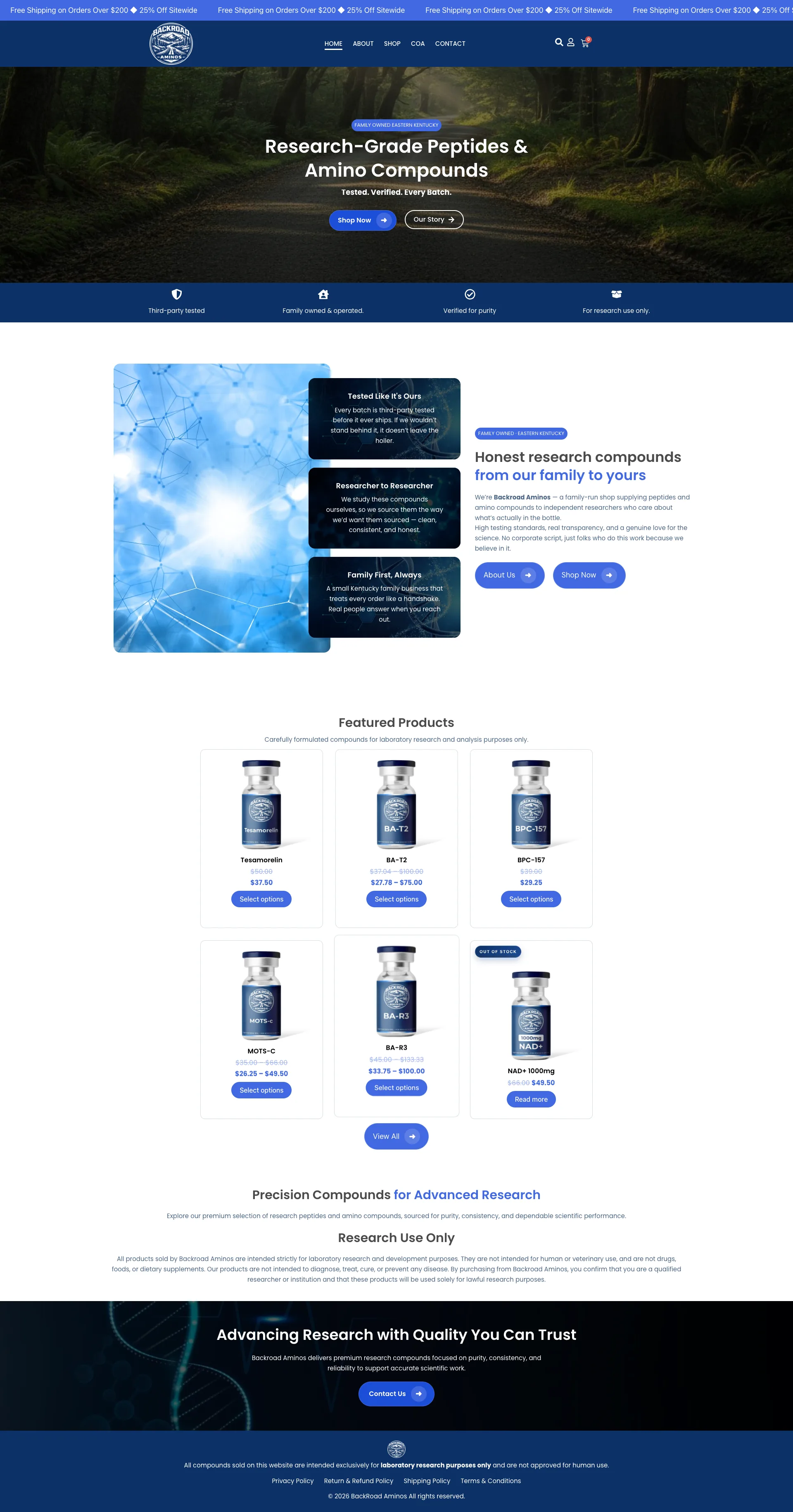 Backroad Aminos website, full page