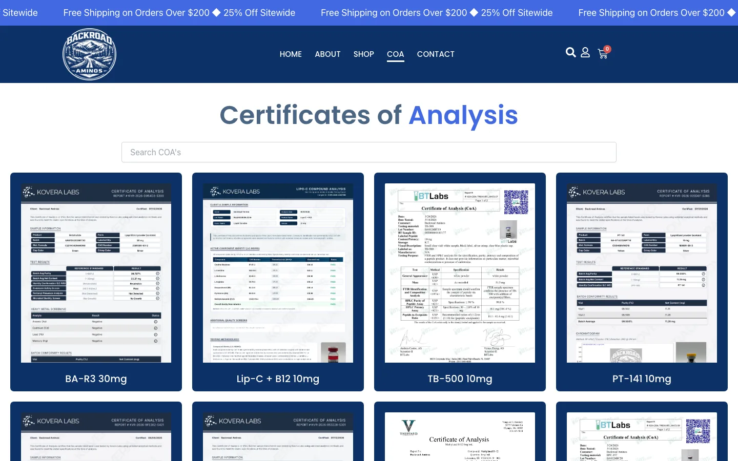 Backroad Aminos certificates of analysis page