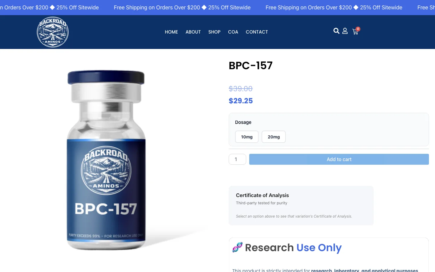 Backroad Aminos BPC-157 product page