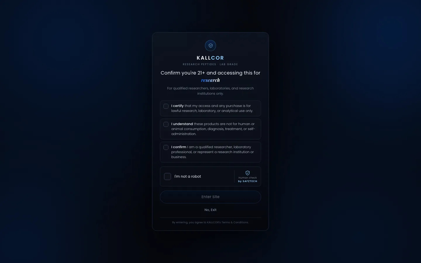 KALLCOR 21+ and research-use confirmation screen