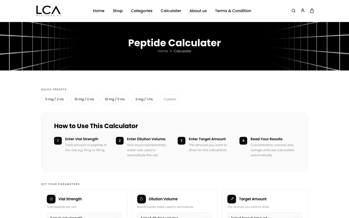 LCA Merchandise peptide calculator page
